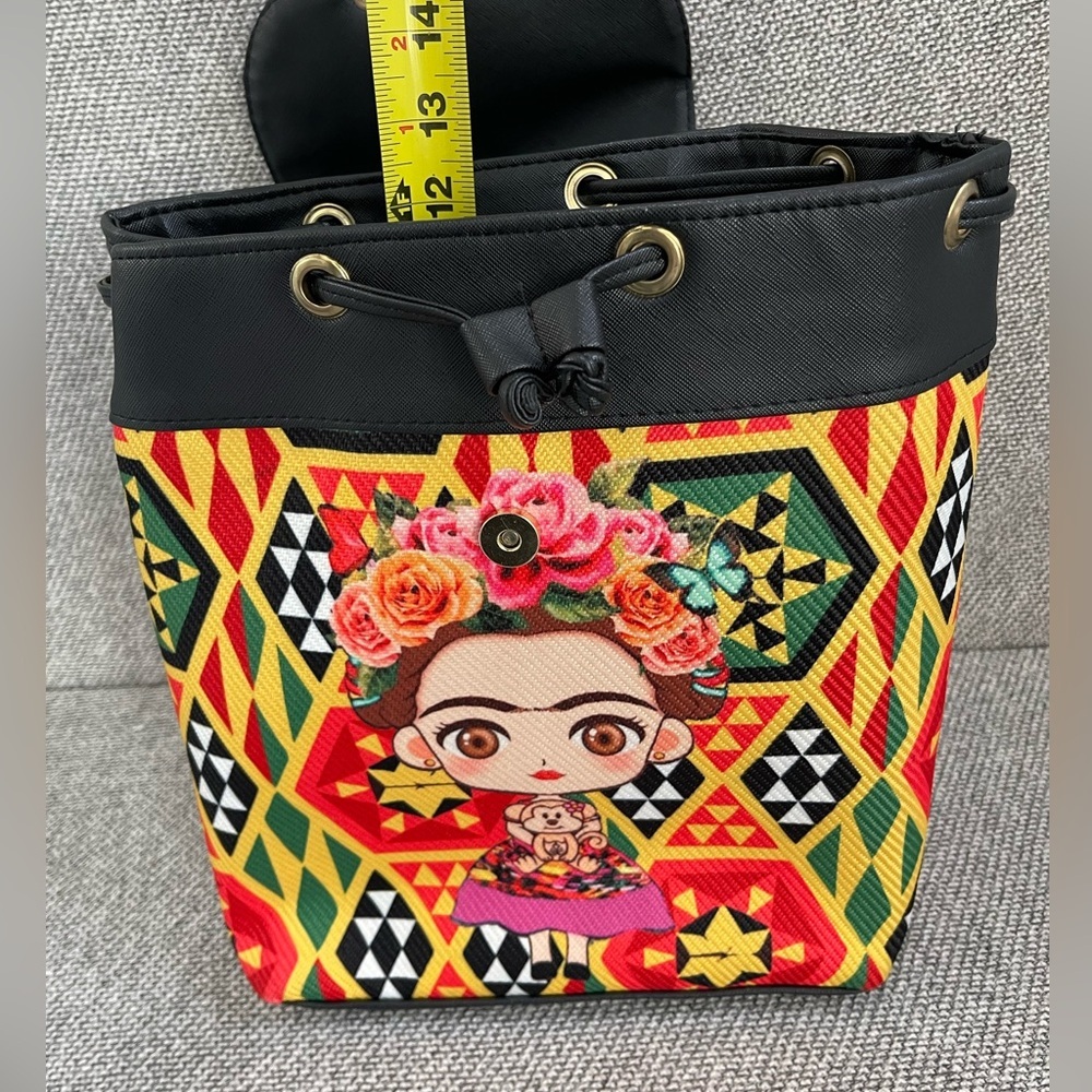 Frida Kahlo Vibrant Black and Red Geometric Backpack Puse - Picture 11 of 16